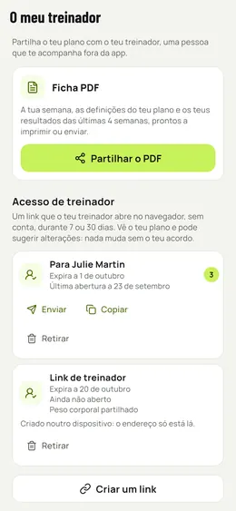 Partilhar com o teu treinador: PDF e links