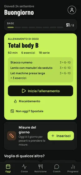 La schermata del giorno: la seduta prevista, il recupero muscolare e le misure da prendere.