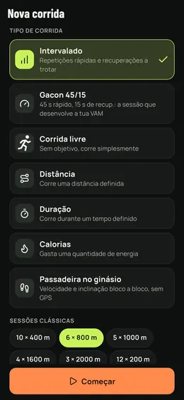 Nova corrida: intervalos, Gacon, livre, passadeira…