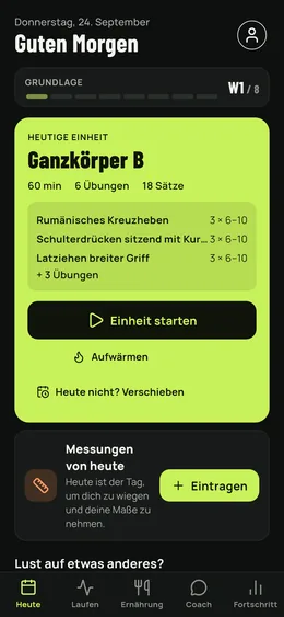 Der Tagesbildschirm: die geplante Einheit, die Erholung der Muskeln und die anstehenden Masse.