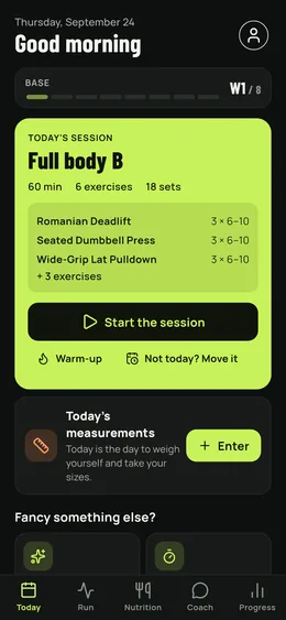 The day's screen: the planned session, muscle recovery and the measurements to take.