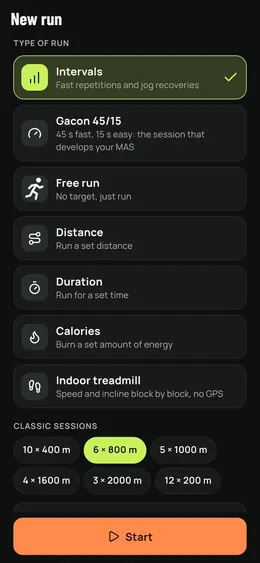 New run: intervals, Gacon, free run, treadmill…