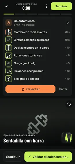 El calentamiento desplegado en la sesión en curso