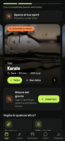 La schermata Oggi con l'allenamento sportivo del giorno
