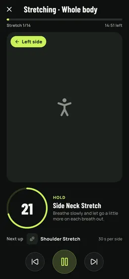A stretch being held, with the timer and the next stretch