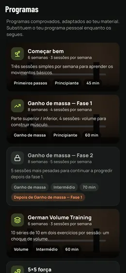 A lista de programas, com duração, nível e treinos por semana