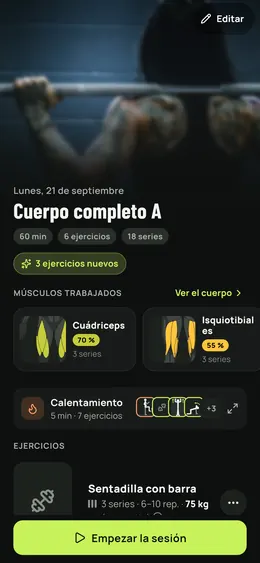 Detalle de una sesión: duración, ejercicios y músculos