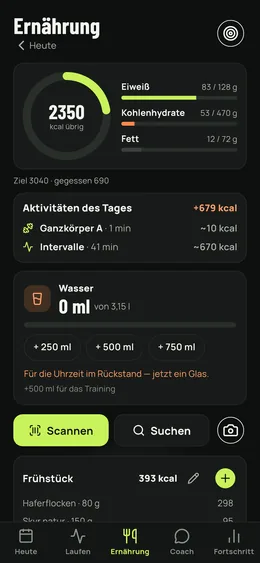 Der Ernährungstag: verbleibende Kalorien, Makros, Mahlzeiten und Aktivitäten.
