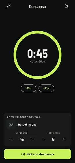 O temporizador de descanso, com o exercício seguinte já preparado.