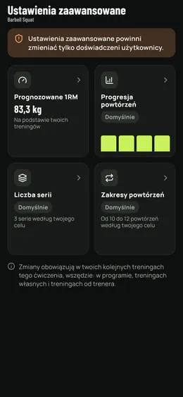 Zaawansowane ustawienia ćwiczenia