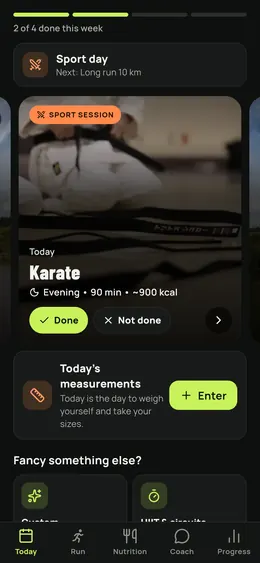The Today screen with today's sport session