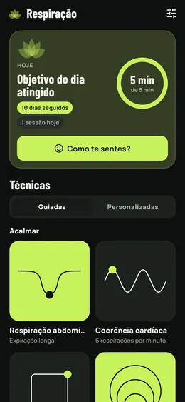 A página Respiração e as suas técnicas