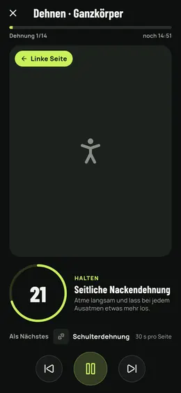 Eine gehaltene Dehnung mit Timer und nächster Dehnung